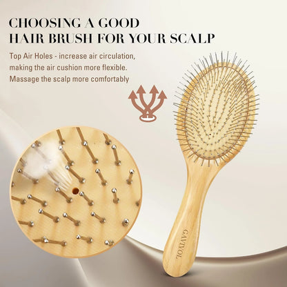Bamboo Hair Brush for Men & Women – Natural Scalp Massager with Steel Bristles, Promotes Hair Growth, Anti-Static & Travel-Friendly, Wet Brush & Detangler (Kids/Adults)