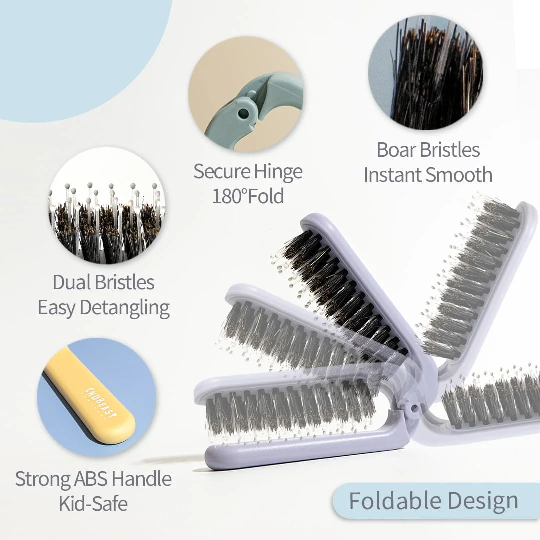 Uffy MiniPop Travel Hair Brush – Mini Folding Boar Bristles for Women, Men & Kids | Kid-Friendly Portable Purse Brush for Wet & Dry Hair, Curly or Straight | Pocket-Size Detangler – Hot Pink