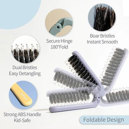 Uffy MiniPop Travel Hair Brush – Mini Folding Boar Bristles for Women, Men & Kids | Kid-Friendly Portable Purse Brush for Wet & Dry Hair, Curly or Straight | Pocket-Size Detangler – Hot Pink