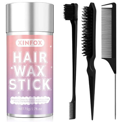 Hair Wax Stick, 5PC Boar Bristle Slick Back Hair Brush, Wax Stick for Flyaways, Rat Tail Comb Edge Brush Styling Tool Set Accessories for Women Girls(Pink)