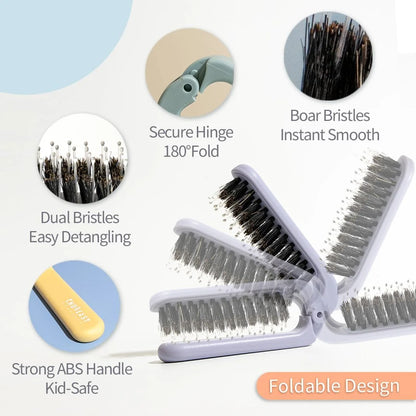Uffy MiniPop Travel Hair Brush – Mini Folding Boar Bristles for Women, Men & Kids | Kid-Friendly Portable Purse Brush for Wet & Dry Hair, Curly or Straight | Pocket-Size Detangler – Hot Pink