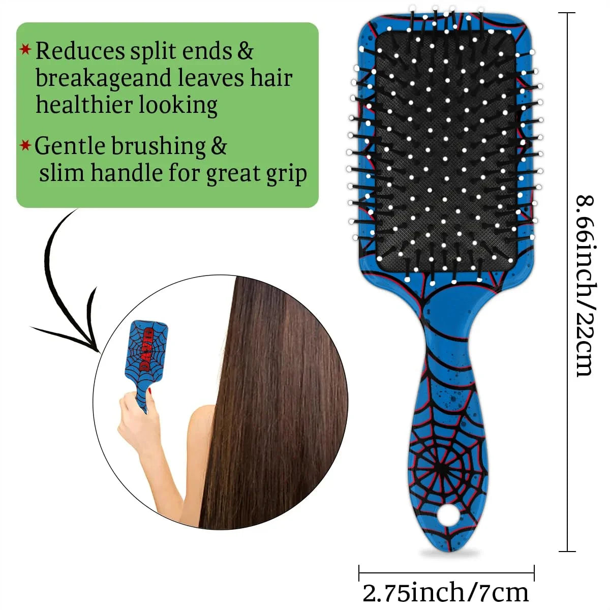 Personalized-Kids-Hair-Brush for Boy Girls Custom Gift Detangler Brush Soft Bristle Hair Brushes Travel Hair Brush for All Hair Types Christmas Hallowmas Spider Web Sliver Dot