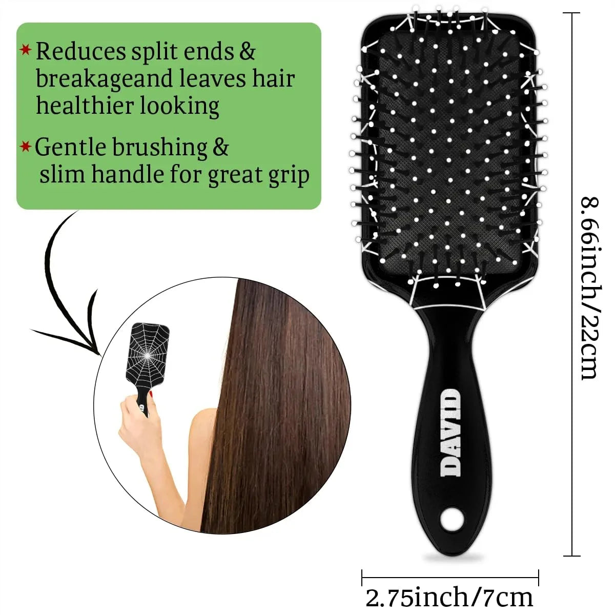 Personalized-Kids-Hair-Brush for Boy Girls Custom Gift Detangler Brush Soft Bristle Hair Brushes Travel Hair Brush for All Hair Types Christmas Hallowmas Spider Web Sliver Dot