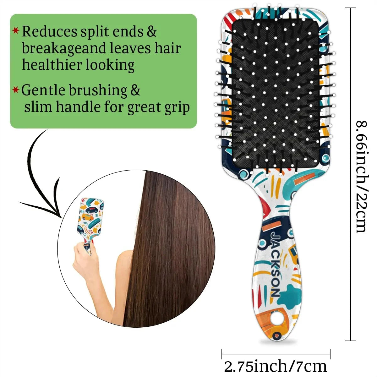 Personalized Cute Car Detangler-Hair-Brush for Kids Boys,Glides Through Tangles Comb,Custom Name Hair Brushes for All Hair Types Wet/Dry/Curly/Thick Hair,White 2