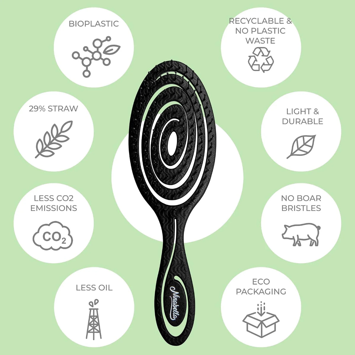 Ninabella Detangler Brush - No Tangle Hair Brush for Women, Fine, Thick and Long Hair - Hairbrush for Wet and Dry Hair, Gentle on the Scalp - Elegant Black
