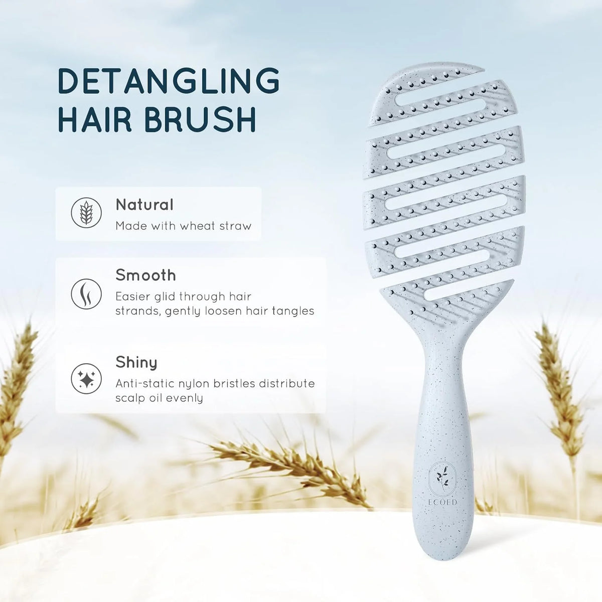 Ecoed Hair brush, Vented Detangling Brush, Quickly Detangles and Smooths hair for Curly, Thick, and Straight Hair, Hair Brush for Women and Men, Blue, Eco Friendly, Sustainable Material