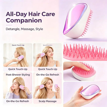 Portable Detangling Hair Brush with Protective Cover, Air Cushion Anti‑Pull Scalp Massage Comb, Travel Pocket Hair Detangler Brush for Wet Dry Curly Knotted Hair, for Women Girls