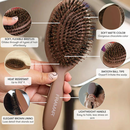 FRAMAR Soft Boar Bristle Hair Brush For Women, Boars Hair Brush For Women
